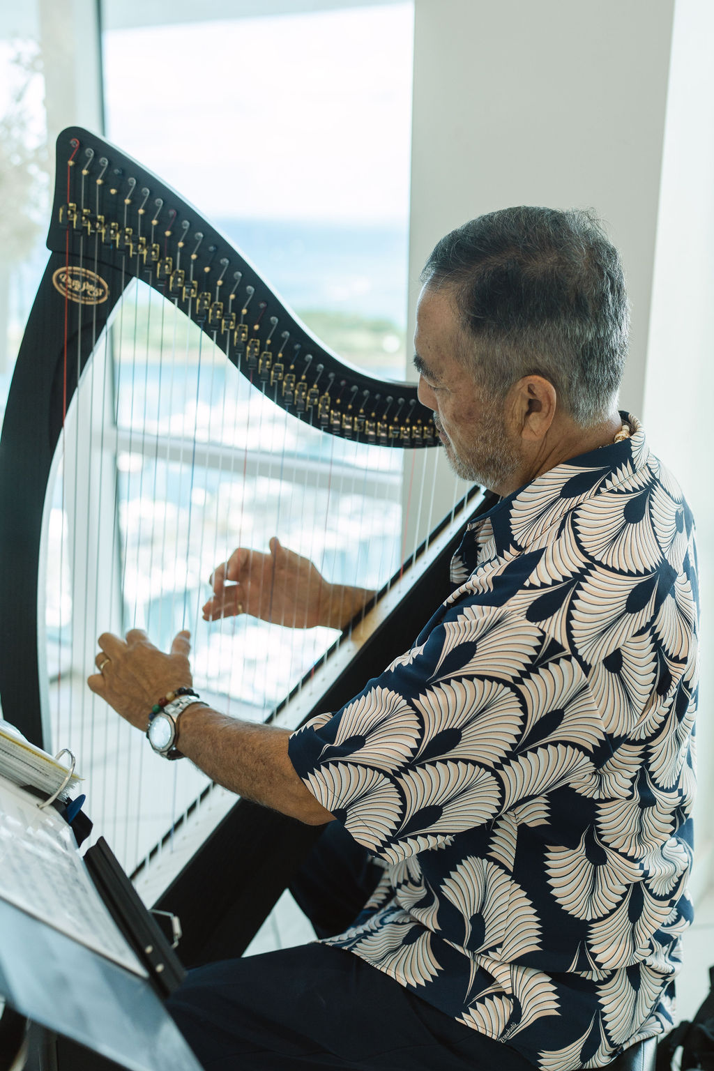 A person in a patterned shirt plays a harp near a large window with a view of the ocean.