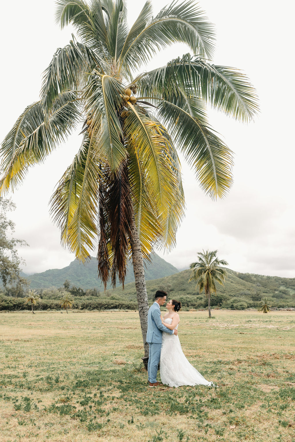 A couple walks hand in hand across a grassy field with palm trees, both wearing formal attire.