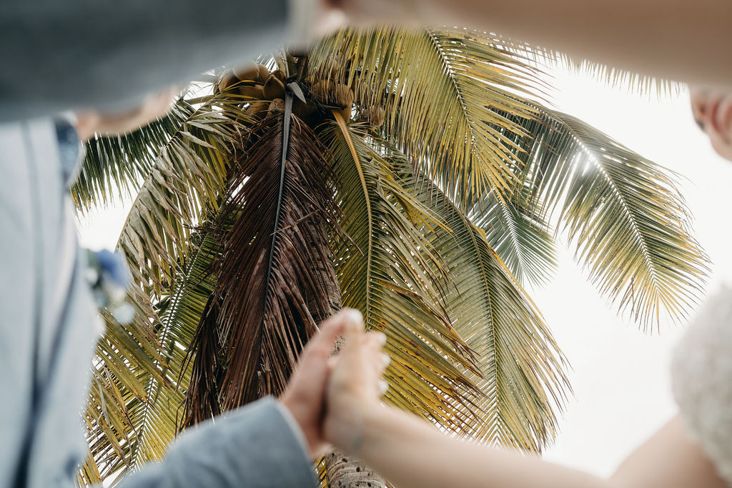 A couple walks hand in hand across a grassy field with palm trees, both wearing formal attire.