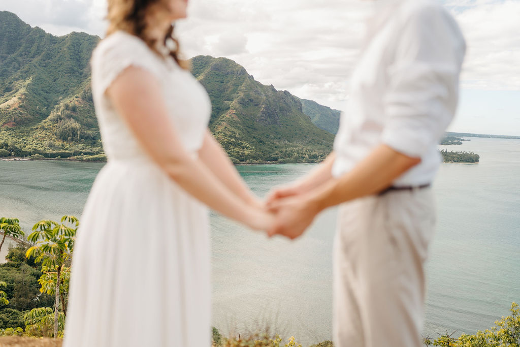 A couple in wedding attire stands holding hands on a cliffside, with mountains and a lake in the background for their hawaii elopement