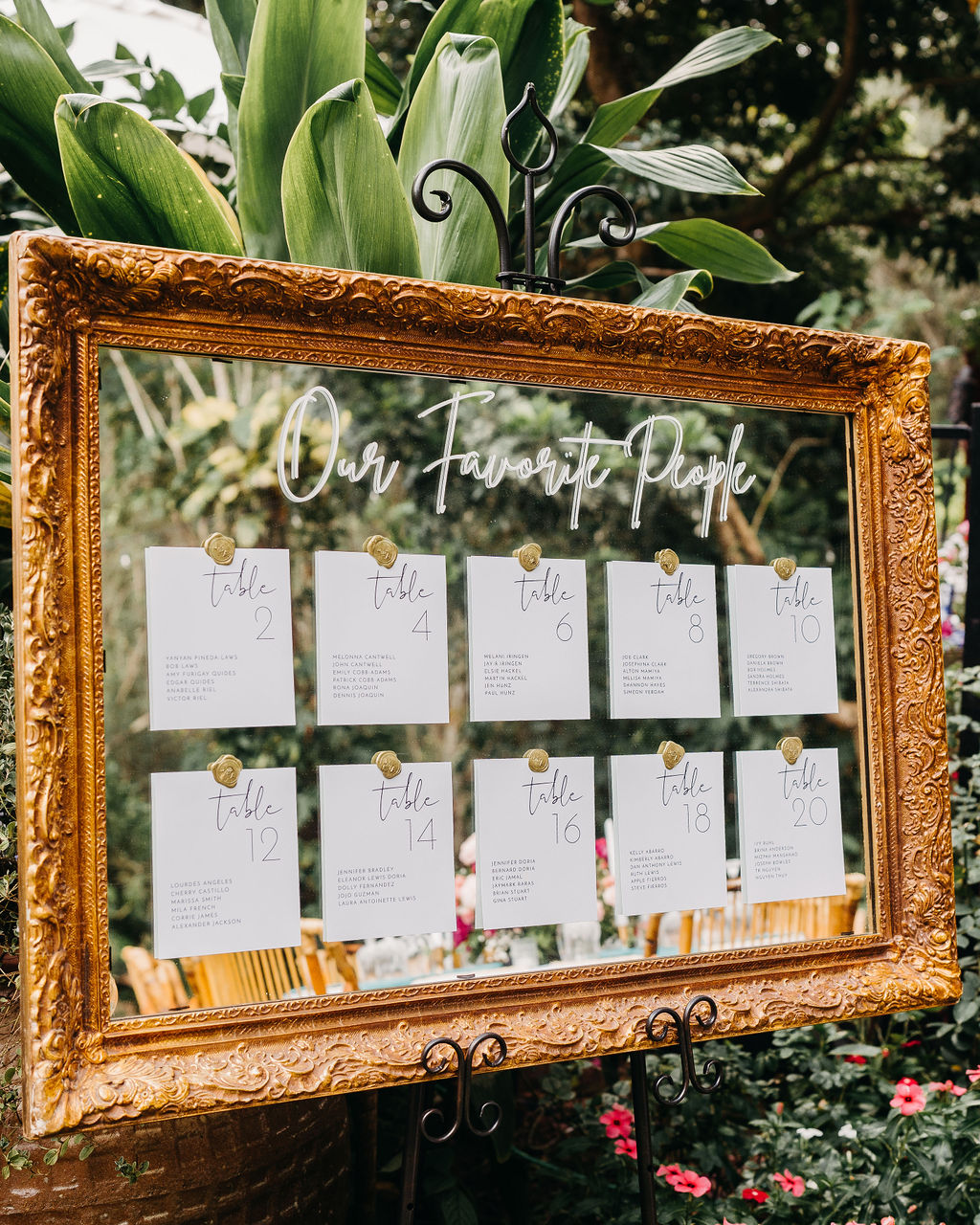 A gold-framed glass seating chart titled “Our Favorite People” displays handwritten cards, arranged in rows, set outdoors among green plants and colorful flowers.